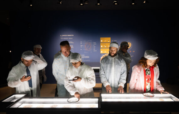 alcuni esperti analizzano chicchi di caffè nel museo Lavazza