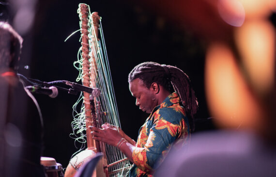 concerto dell'orchestra terra madre a torino. Primo piano di un suonatore