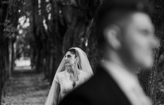 Ritratto di una sposa con un viale alberato alle spalle