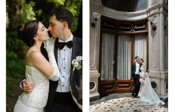 A bride and a groom poses for a photographer in Turin city center